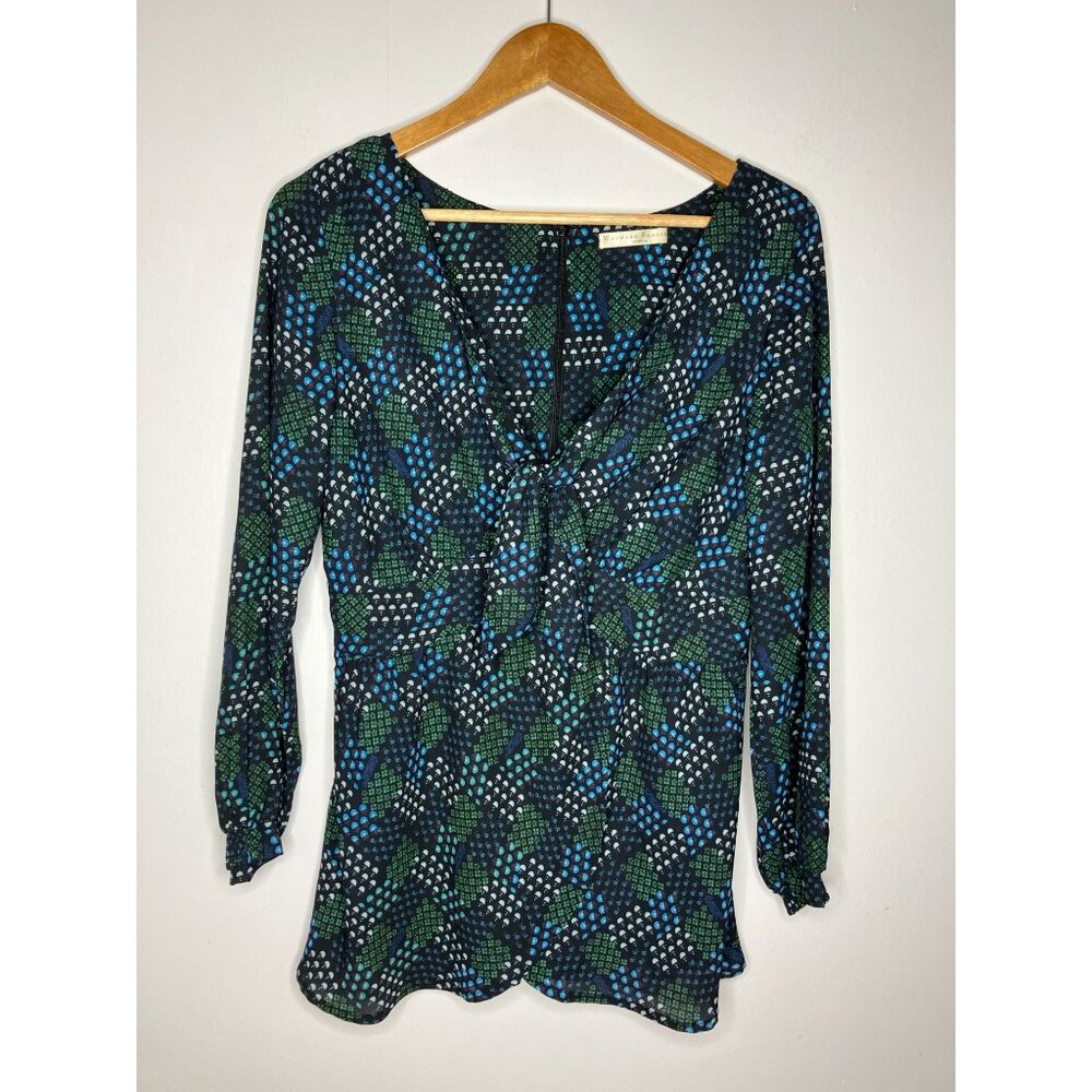 Wayward Fancies eShakti Long Sleeve Blue Green Front Tie Blouse Women's Medium